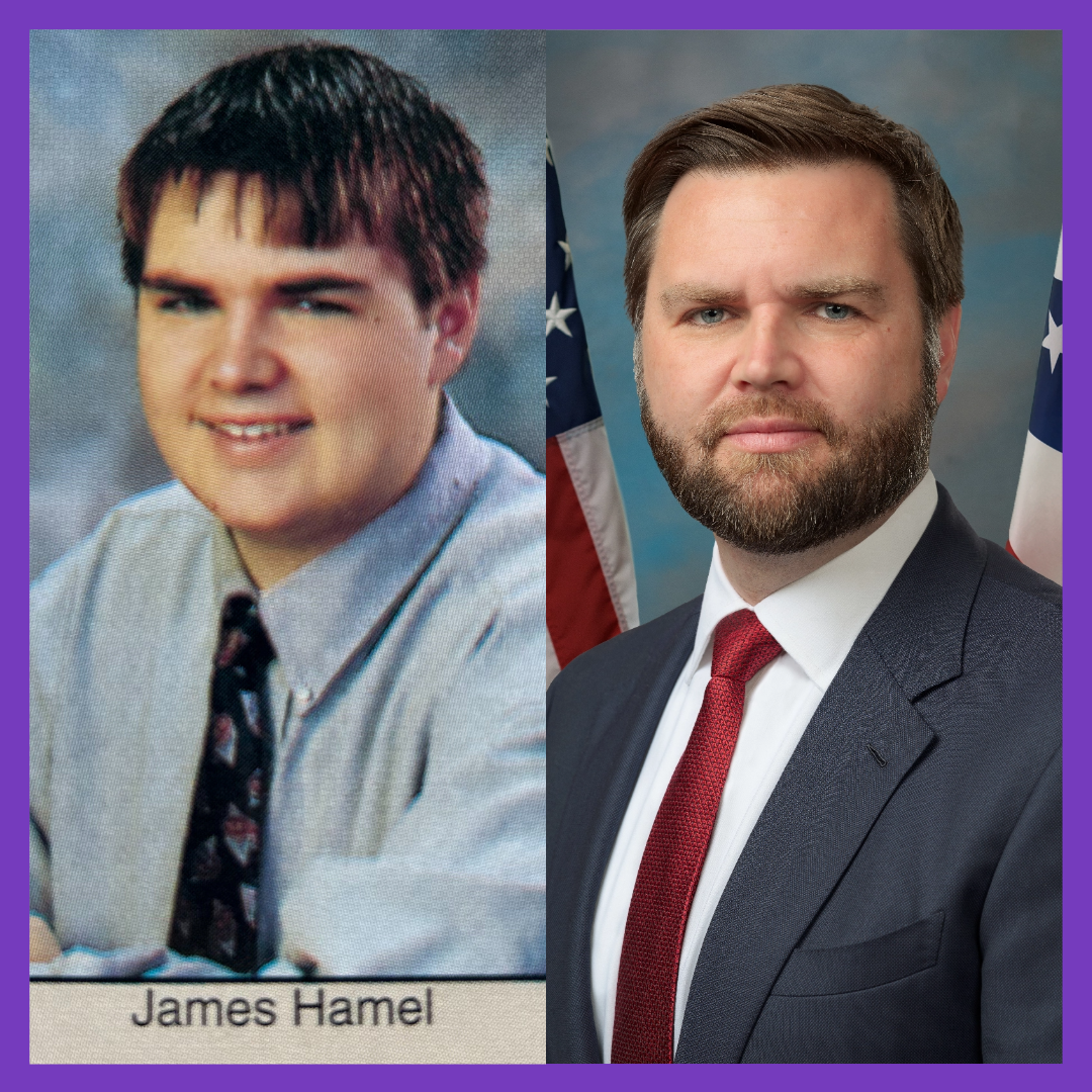 High School yearbook photo of JD Vance, next to U.S. Senate photo of Vance